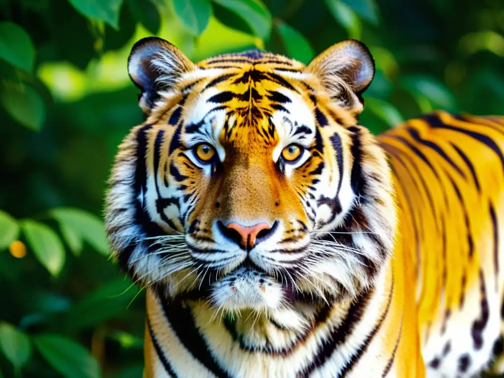 Imagen detallada de un majestuoso tigre en la selva al atardecer, resaltando la conservación de grandes felinos en ecosistemas