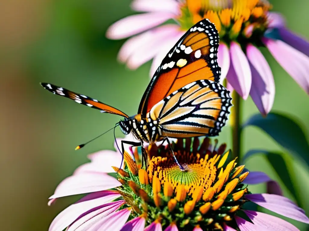 Imagen detallada de una mariposa monarca en una pradera soleada, destacando la protección de especies amenazadas en praderas