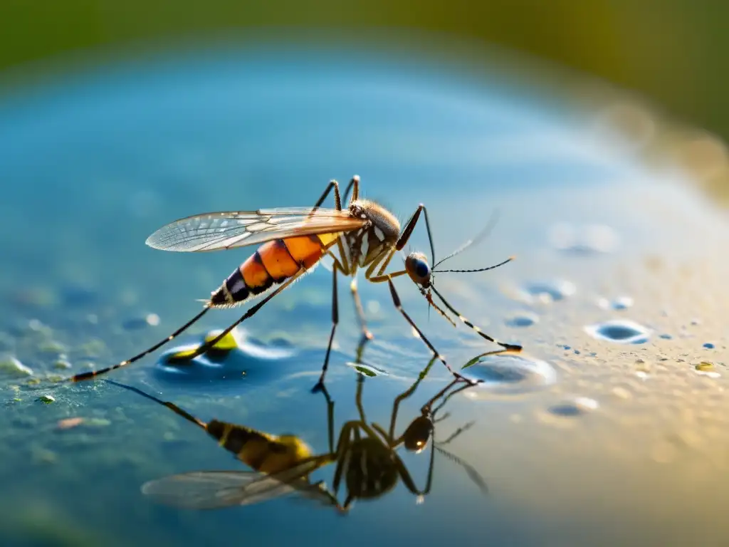 Una imagen detallada de un mosquito en agua estancada, resalta el impacto del cambio climático en ecosistemas