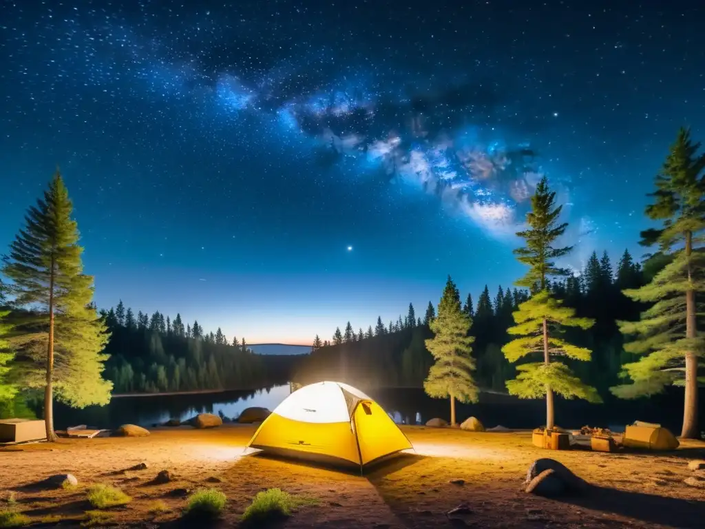 Imagen 8k detallada de una noche estrellada sobre un bosque, iluminación sostenible en campamento