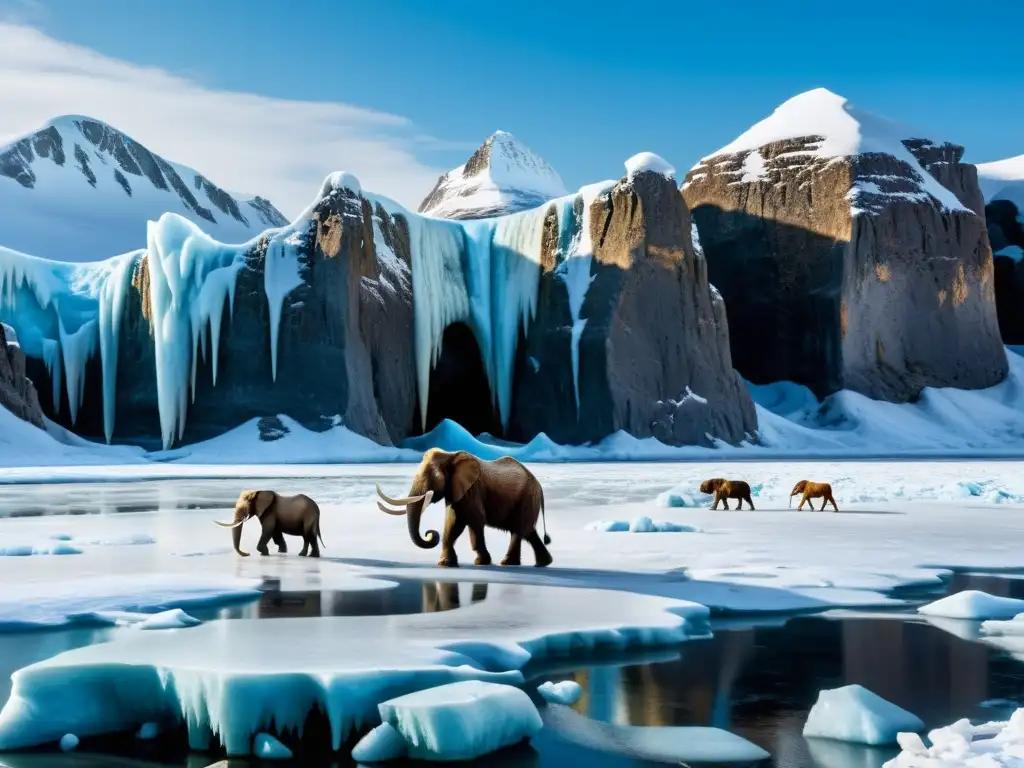 Imagen detallada de paisaje prehistórico cubierto de hielo con mamuts y otras criaturas antiguas