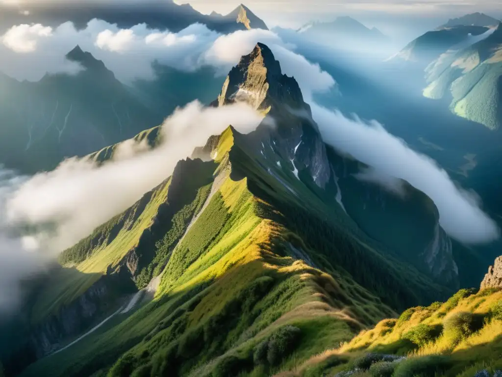 Imagen 8k detallada de pico montañoso majestuoso, con neblina y plantas endémicas, mostrando la belleza frágil de ecosistemas montaña