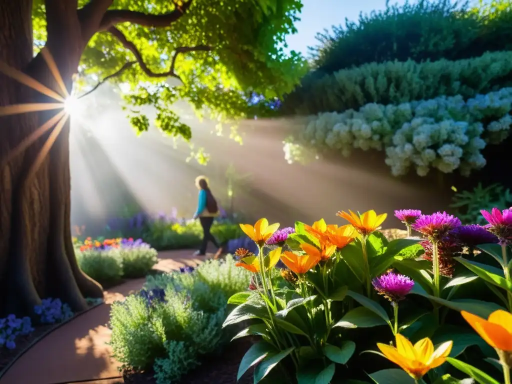 Imagen detallada de un jardín sensorial vibrante, con flores coloridas y texturas variadas, estimulando los sentidos