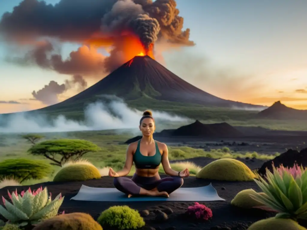 Una imagen 8k detallada muestra una sesión de yoga y meditación en un ecosistema volcánico, transmitiendo tranquilidad y conexión espiritual