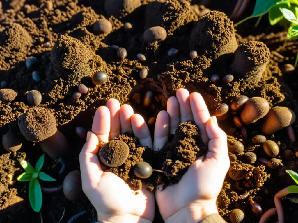 Una imagen detallada de suelo fértil y oscuro rebosante de vida, resaltando la importancia de la edafología en ecosistemas