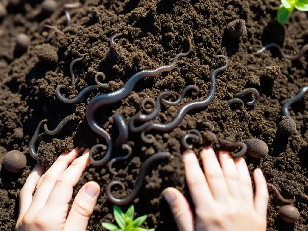 Una imagen detallada del suelo fértil y oscuro, lleno de lombrices y microorganismos