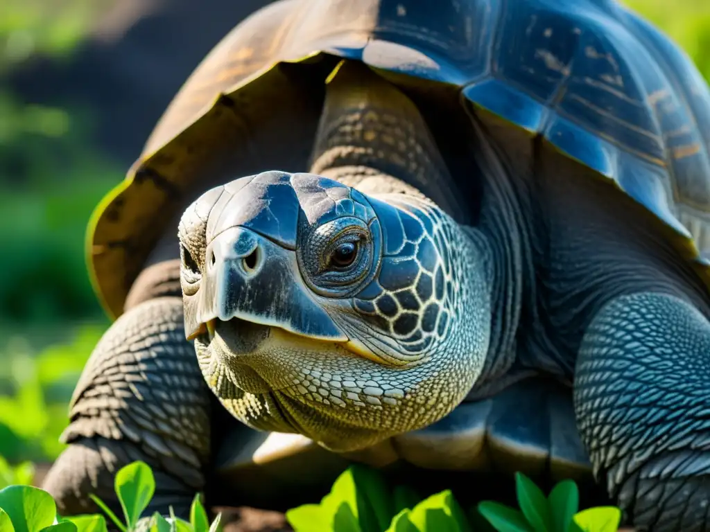 Imagen detallada de una tortuga gigante de Galápagos pastando en un paisaje volcánico, transmitiendo la conservación de especies en islas