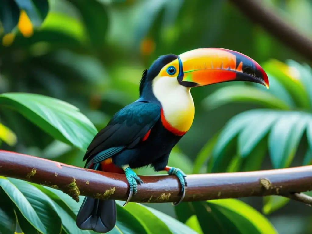 Imagen detallada de un tucán vibrante en la selva, destacando la importancia de los animales dispersores de semillas