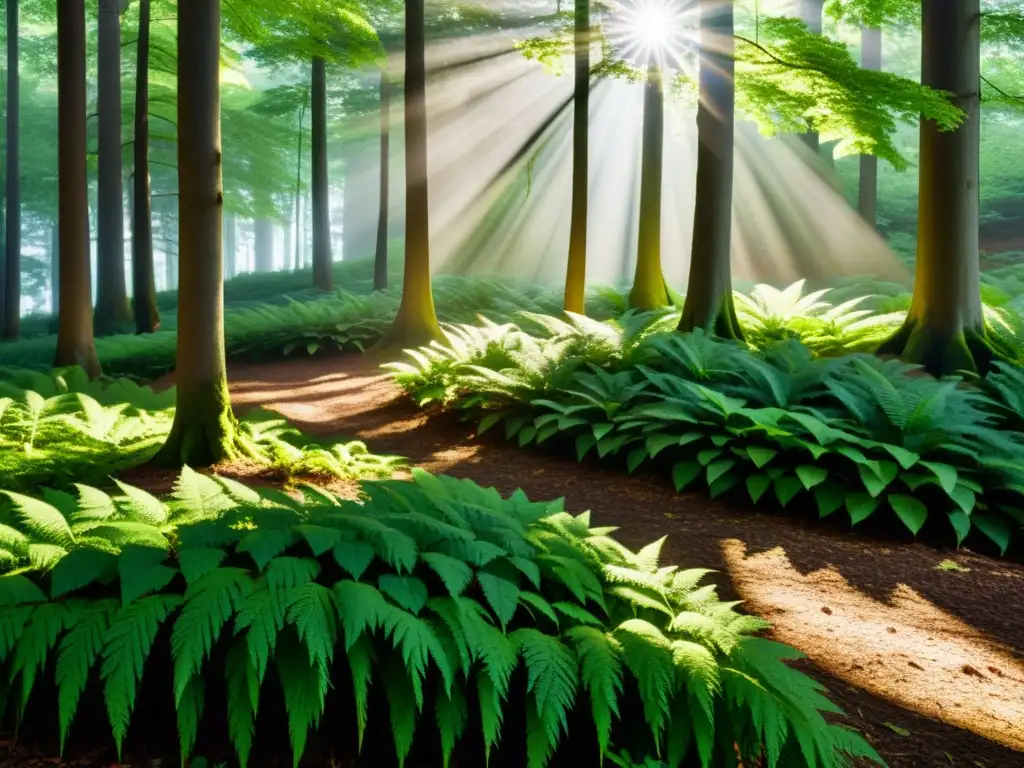 Una imagen documental de una serena escena en el bosque, con luz solar filtrándose entre las hojas y creando sombras moteadas en el suelo