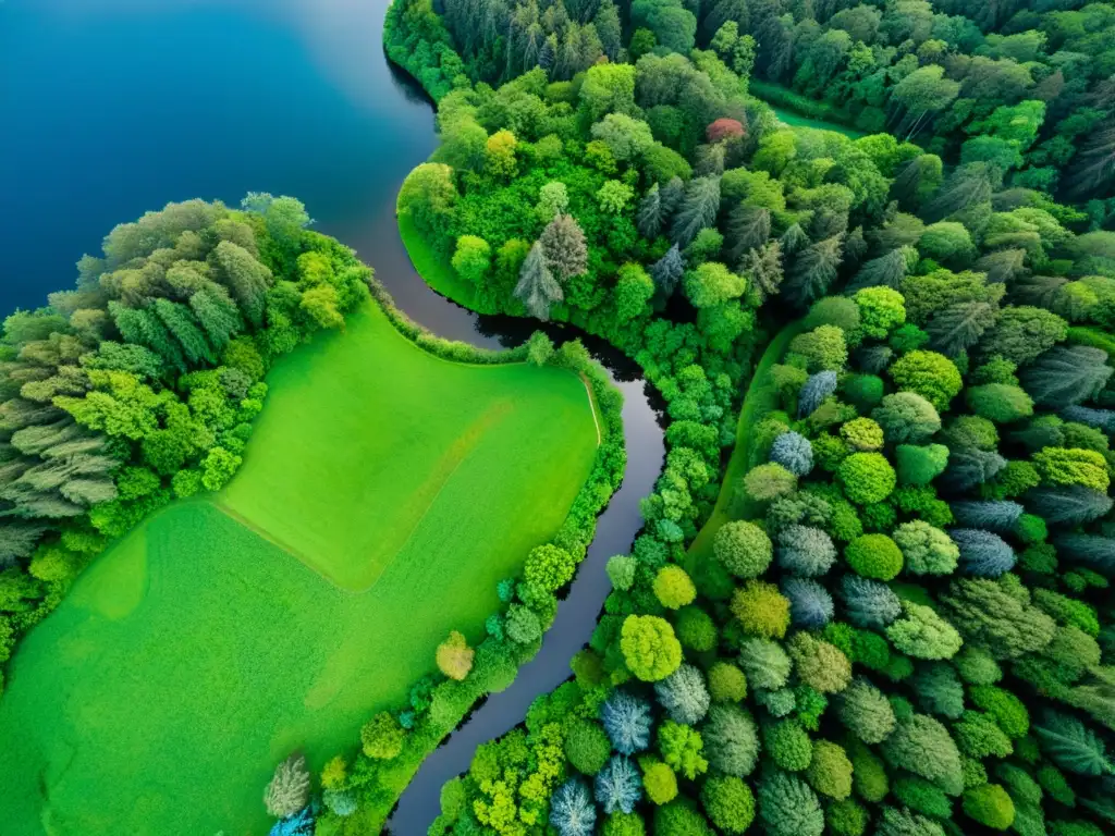 Imagen de dron de un exuberante bosque, ríos y biodiversidad