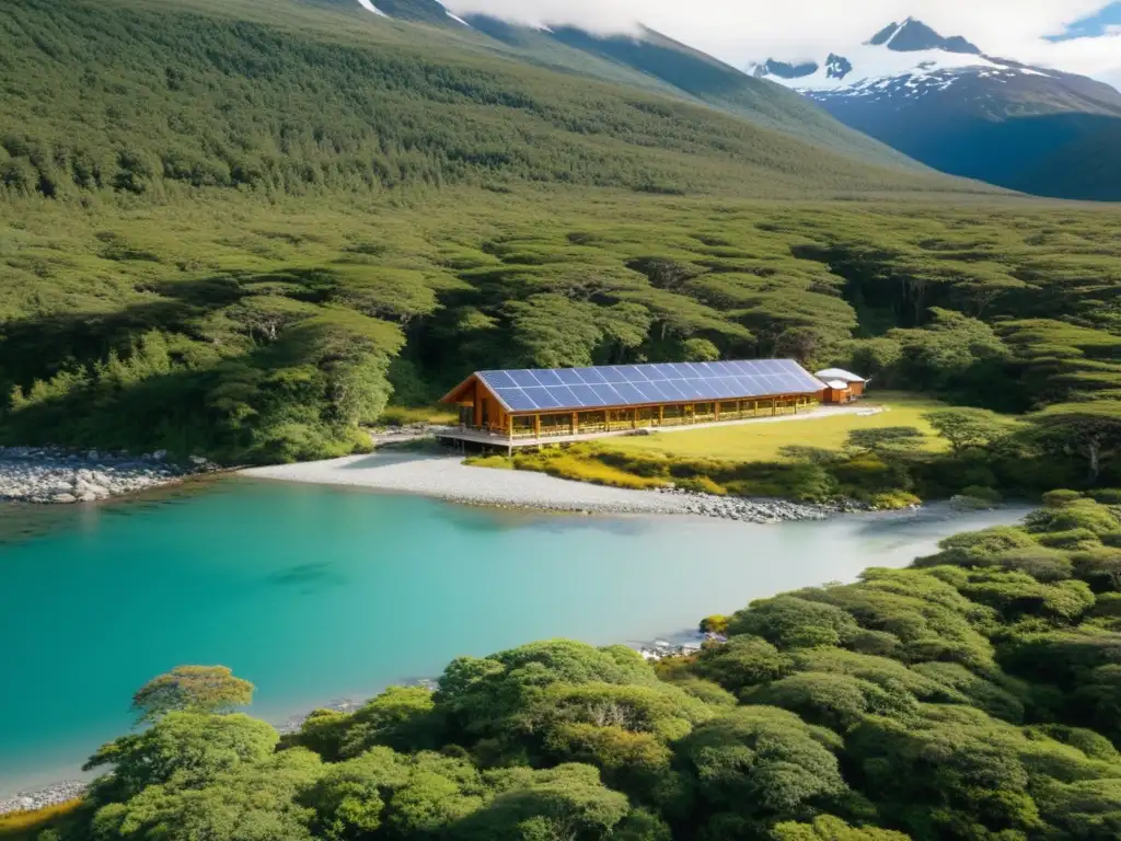 Imagen de un eco-lodge en Tierra del Fuego Patagonia, rodeado de naturaleza virgen y ecoturistas disfrutando de actividades al aire libre