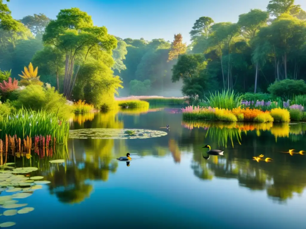 Imagen de un ecosistema de agua dulce sereno con un lago cristalino, fauna y flora variada, y luz dorada filtrándose entre los árboles