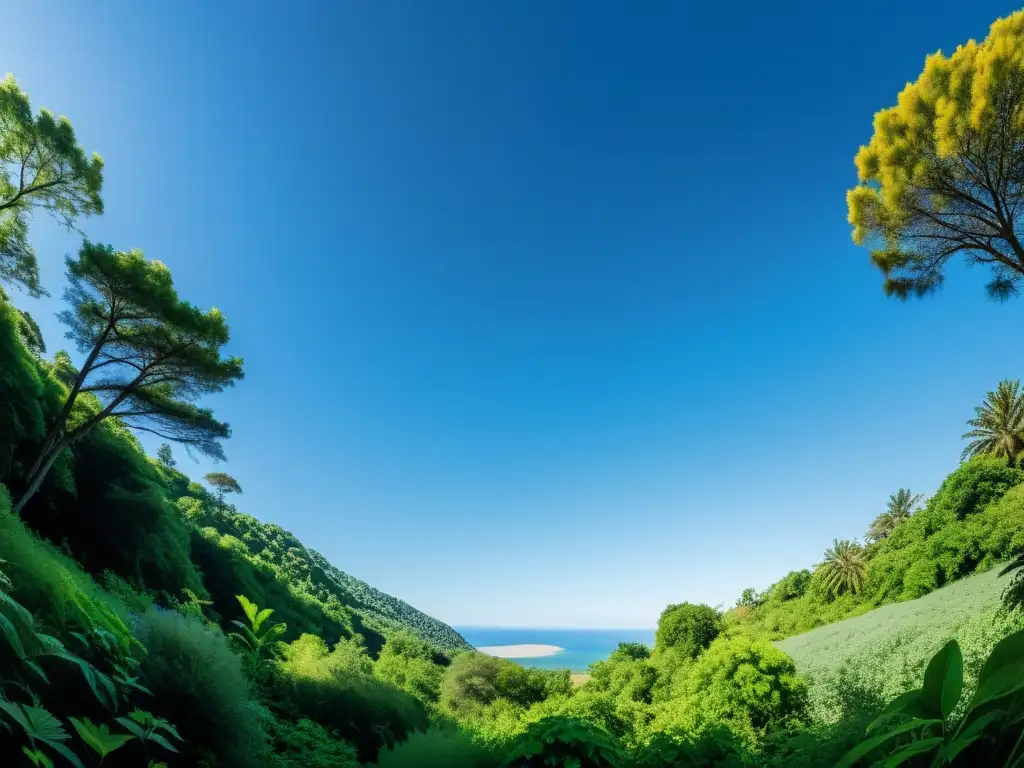 Imagen de un ecosistema diverso con exuberante vegetación, cielos despejados y especies de plantas y animales coexistiendo armoniosamente