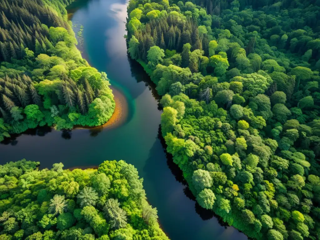 Imagen de un ecosistema diverso y vibrante con bosques frondosos, ríos sinuosos y especies animales en su hábitat natural