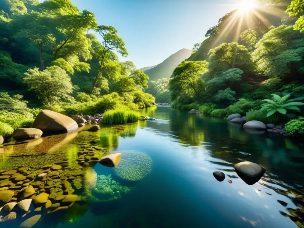 Imagen de un ecosistema fluvial exuberante y vibrante, con agua cristalina fluyendo sobre rocas y rodeado de vegetación y vida silvestre