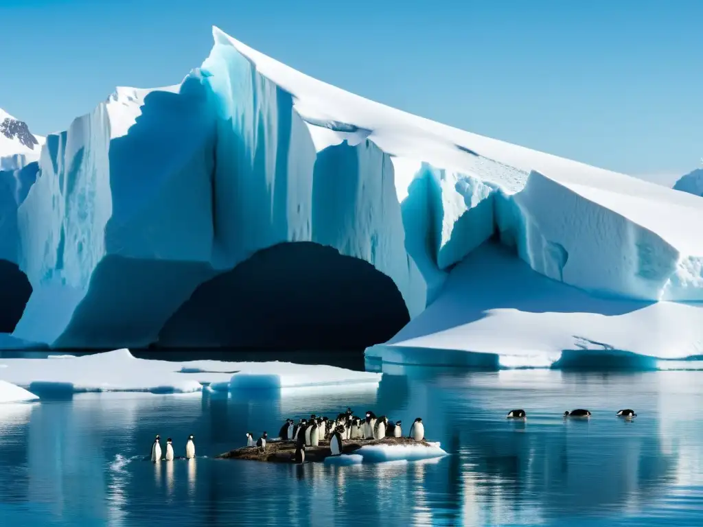 Imagen de la conservación de ecosistemas marinos antárticos: majestuoso paisaje marino con pingüinos, icebergs y aguas cristalinas