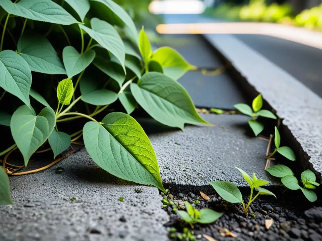 La imagen muestra cómo las especies invasoras urbanas transforman el entorno, con plantas entrelazadas en la acera de la ciudad