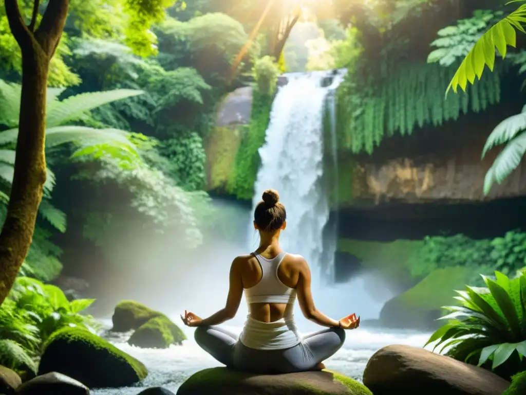 Imagen de revitalización espiritual a través del yoga en entorno natural con cascada y vegetación exuberante, evocando paz interior