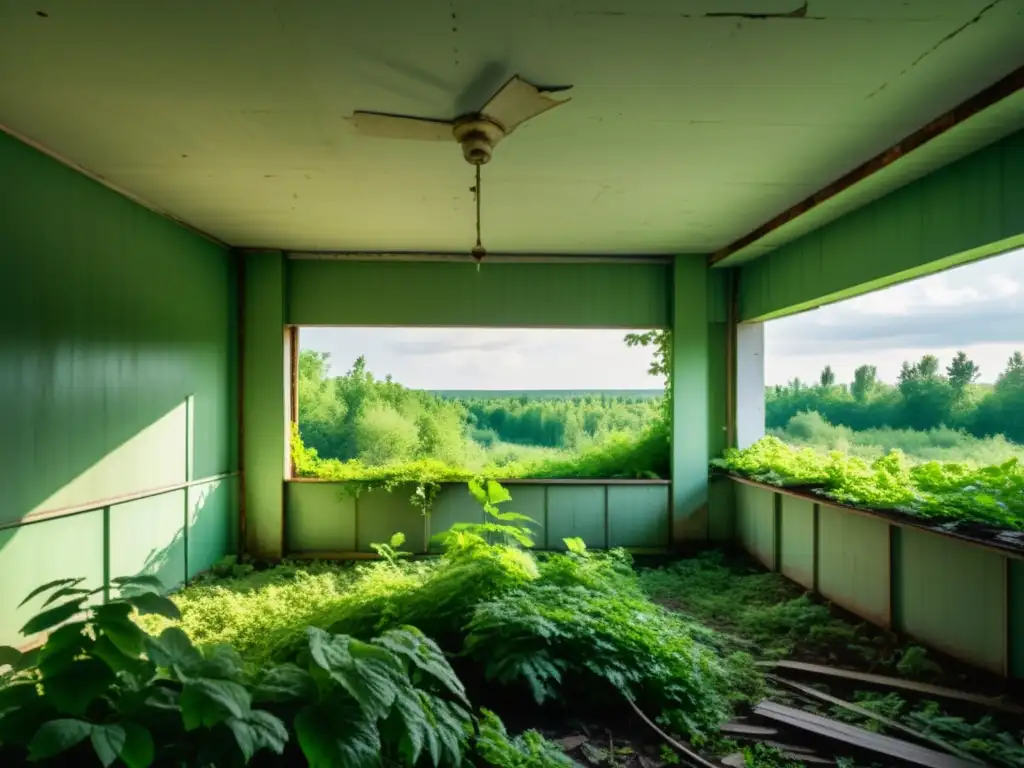 Imagen evocadora de la resiliencia de ecosistemas postnucleares en zonas de exclusión, donde la naturaleza revive entre ruinas y verdor