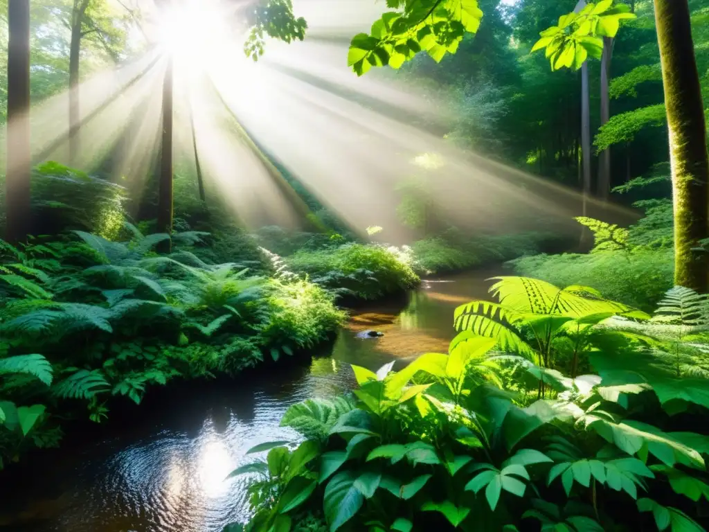 Imagen de un exuberante y biodiverso bosque con vida silvestre variada, un arroyo cristalino y luz solar filtrándose a través del dosel