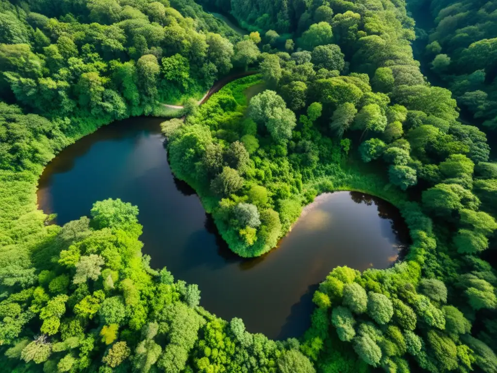 Imagen de un exuberante bosque capturado por un dron, con un río serpenteante