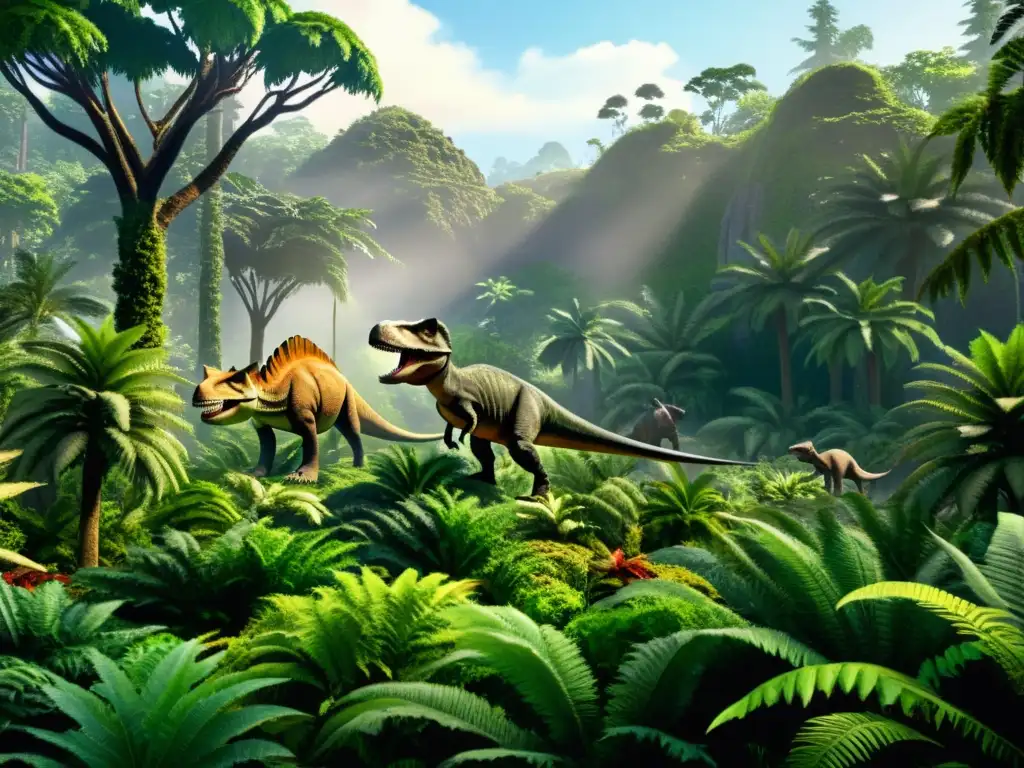 Imagen de un exuberante bosque del Cretácico con dinosaurios, helechos y un volcán, evocando la extinción Cretácico Paleógeno Dinosaurios