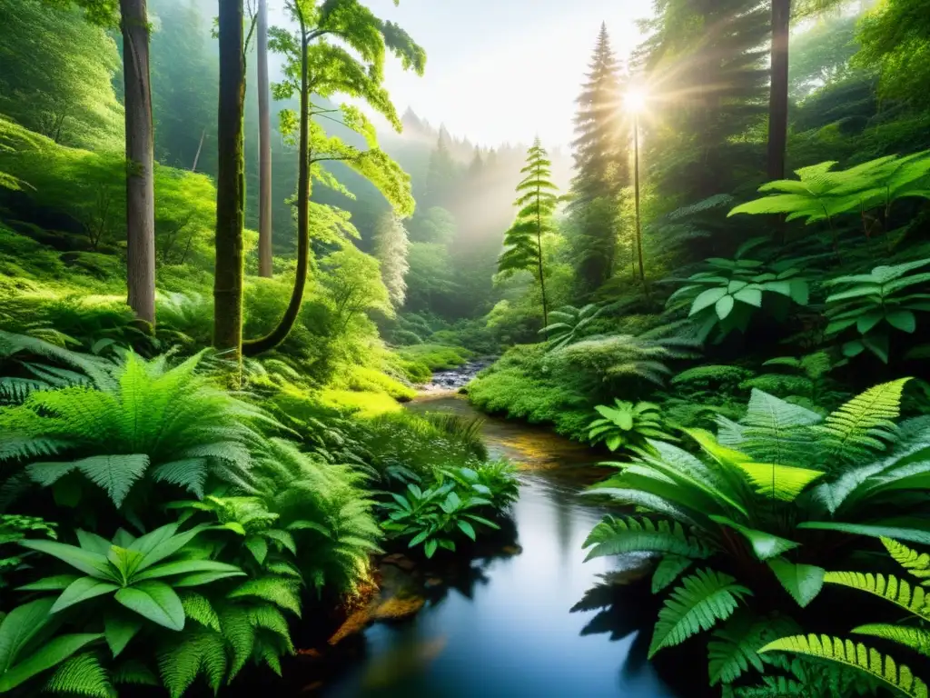 Imagen de un exuberante bosque con diversidad de plantas y un arroyo, transmitiendo tranquilidad y belleza natural