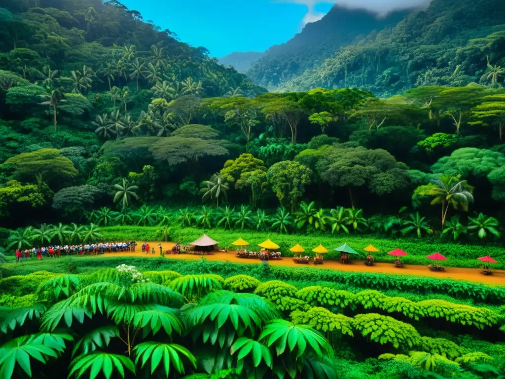 Imagen de un exuberante bosque lluvioso con pueblos indígenas preservando ecosistemas y prácticas tradicionales