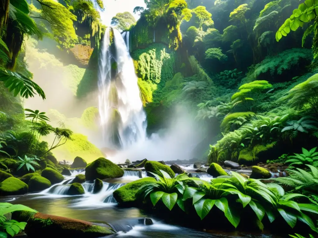 Imagen de un exuberante bosque lluvioso con una diversidad de flora y fauna, bañado por suave luz dorada