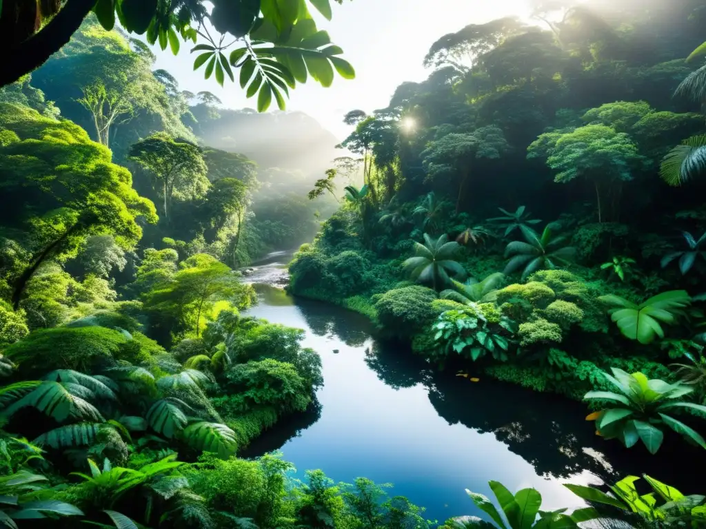 Imagen de un exuberante bosque lluvioso con diversa flora y fauna, luz solar filtrándose a través del denso dosel y reflejando la biodiversidad