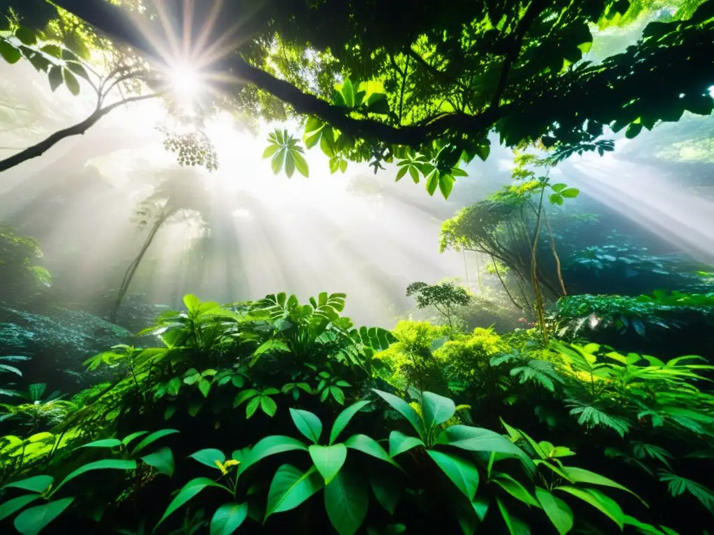 Imagen de un exuberante bosque lluvioso, con una red de hojas verdes, flores coloridas y vida silvestre