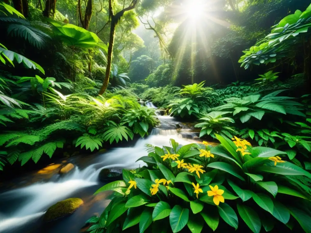 Imagen de un exuberante bosque lluvioso con biodiversidad, fauna y flora, destacando la protección de especies amenazadas por comunidades locales