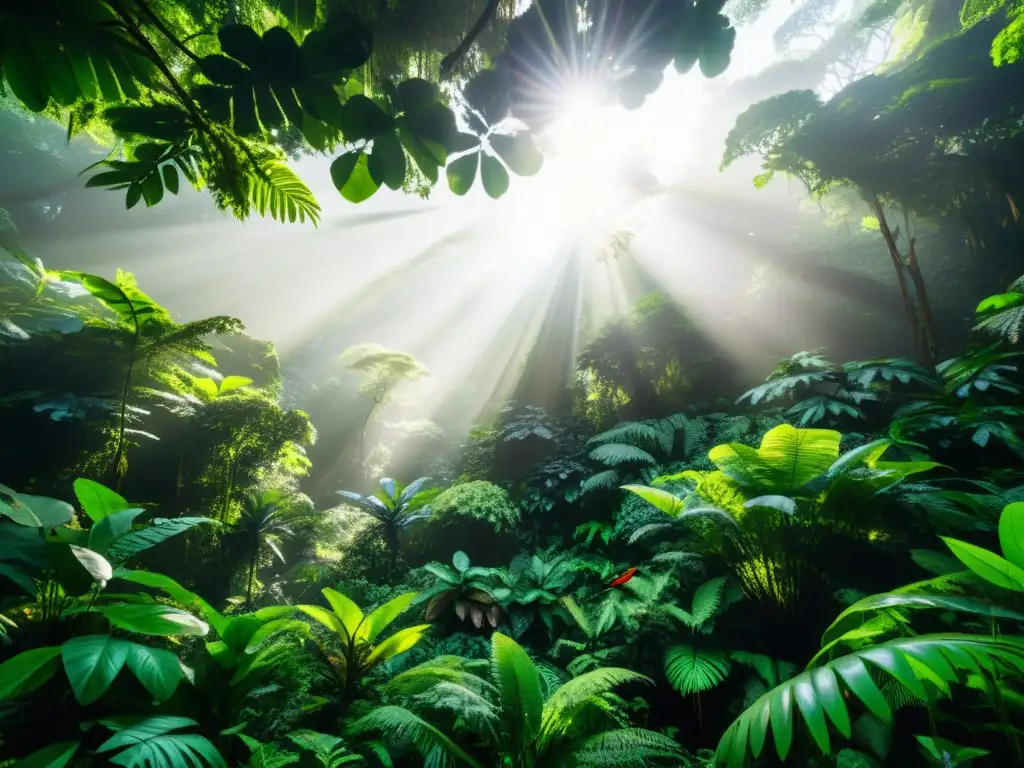 Imagen de un exuberante bosque lluvioso 8k, con diversa vida animal y vegetal