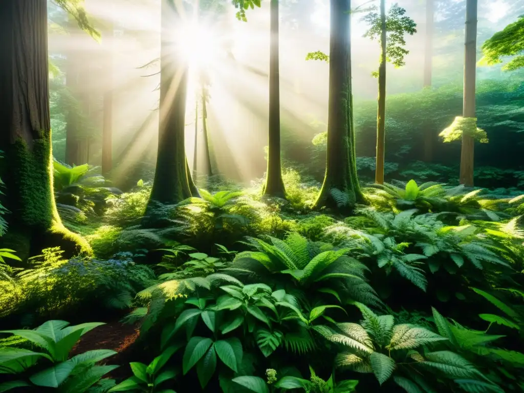 Imagen de un exuberante bosque con luz solar filtrándose a través del dosel, destacando la diversidad ecológica