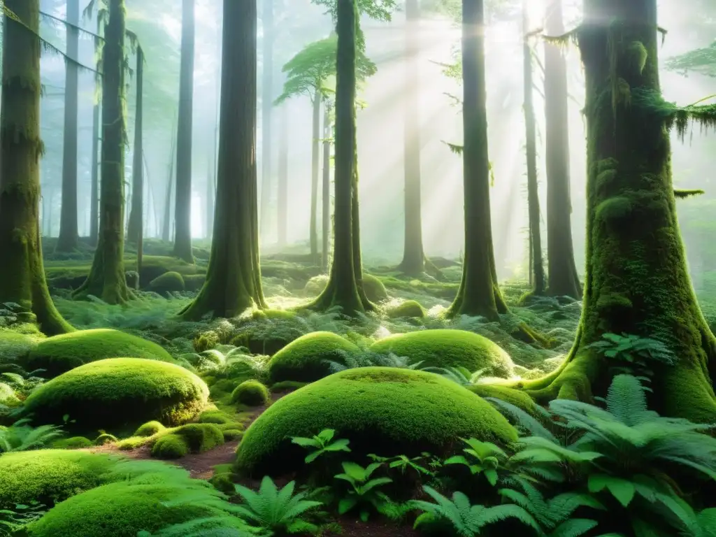 Imagen de un exuberante bosque con luz filtrándose entre el dosel, iluminando el follaje verde y creando patrones moteados en el suelo del bosque