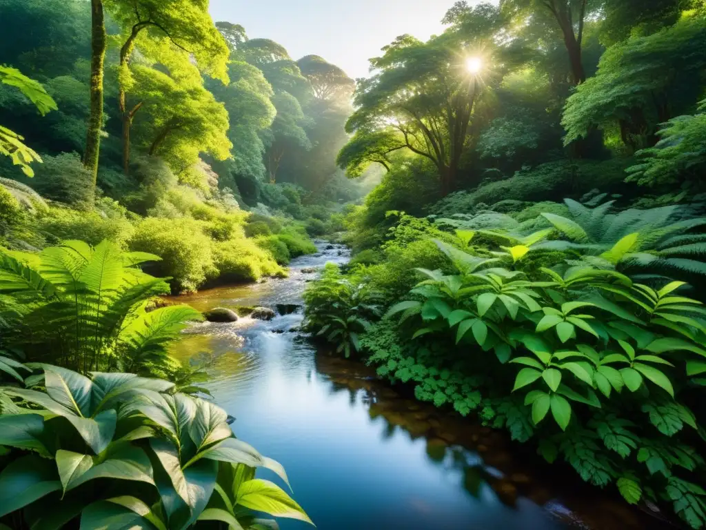 Imagen de un exuberante bosque con luz solar filtrándose a través del dosel