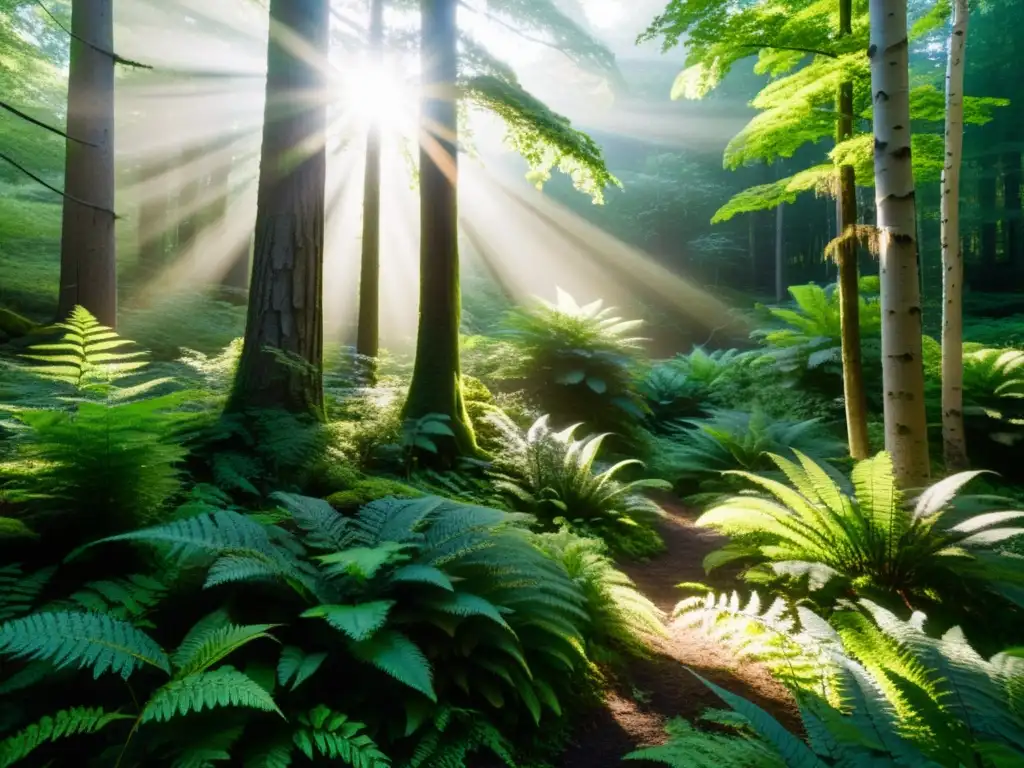 Imagen de un exuberante bosque con rayos de sol filtrándose entre el dosel, creando sombras moteadas en el suelo