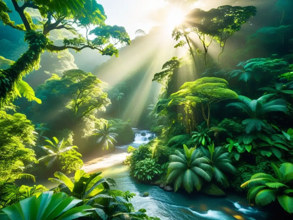 Imagen de un exuberante bosque tropical con diversa flora y fauna, río cristalino, sol brillante y armonía natural