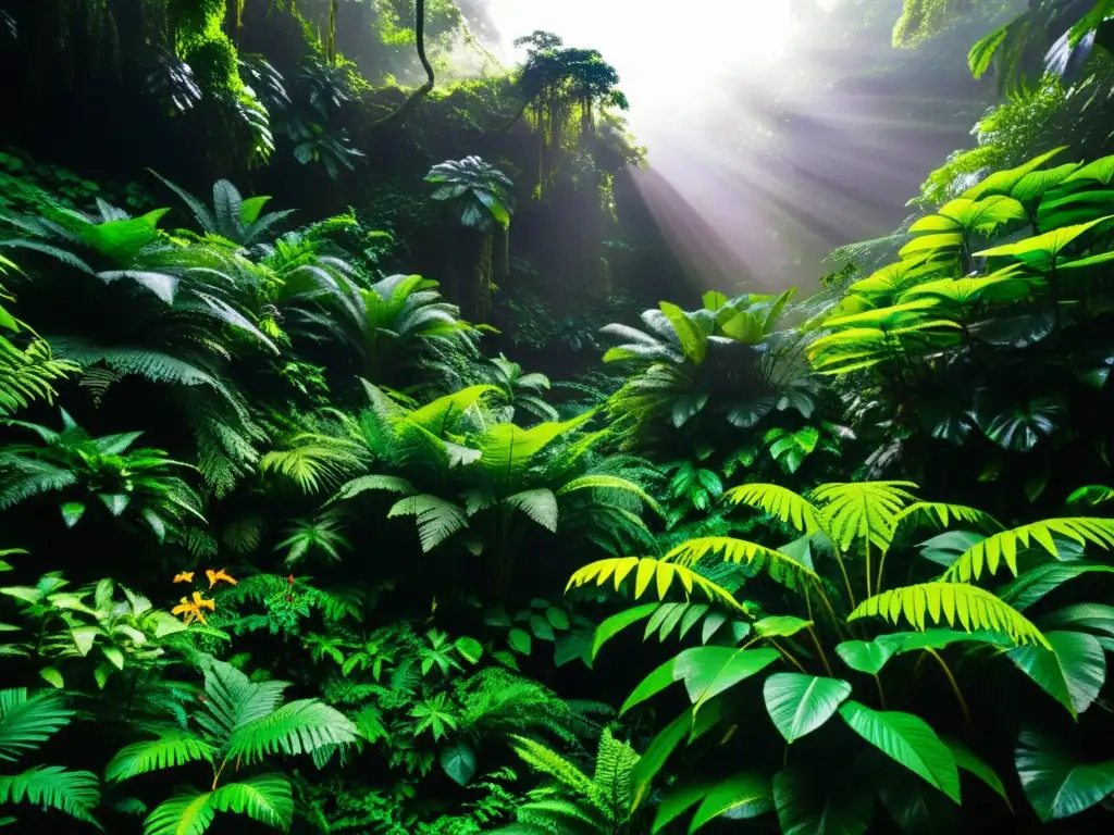 Imagen de un exuberante bosque tropical con diversa vida vegetal y animal, reflejando el futuro de los bosques tropicales