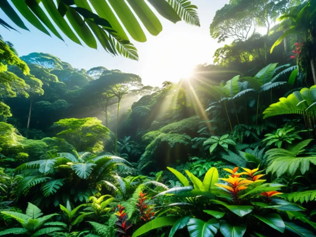 Imagen de un exuberante bosque tropical con diversidad de especies vegetales y árboles