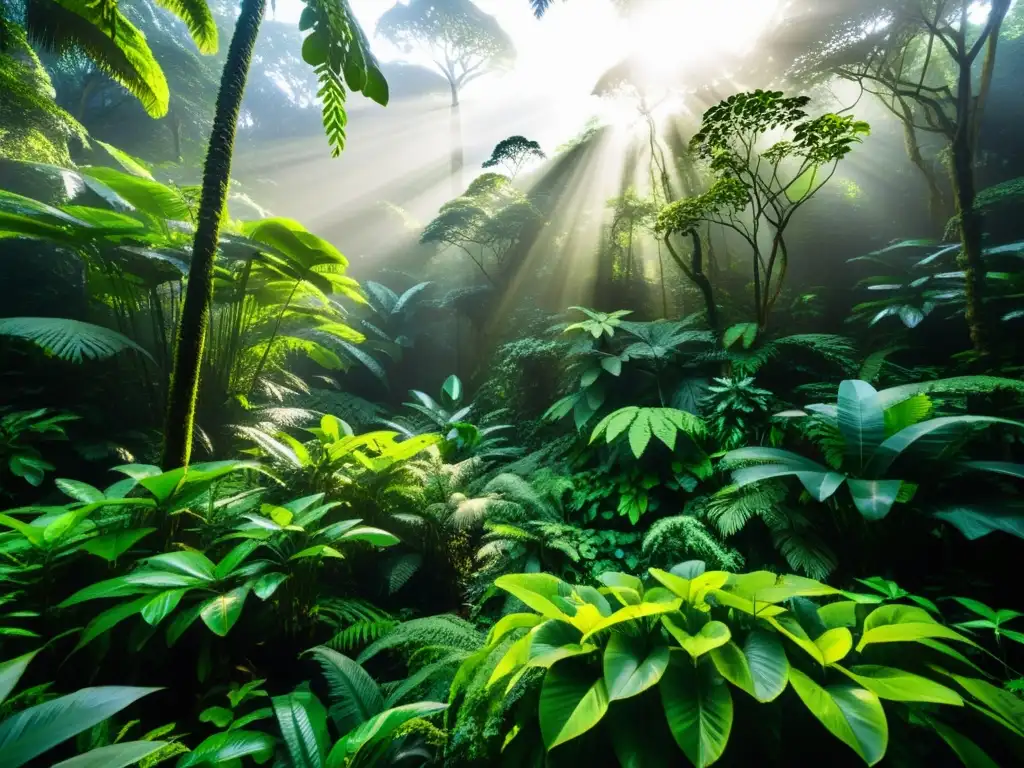 Imagen de un exuberante bosque tropical con árboles altos, plantas exóticas y una atmósfera de misterio y tranquilidad