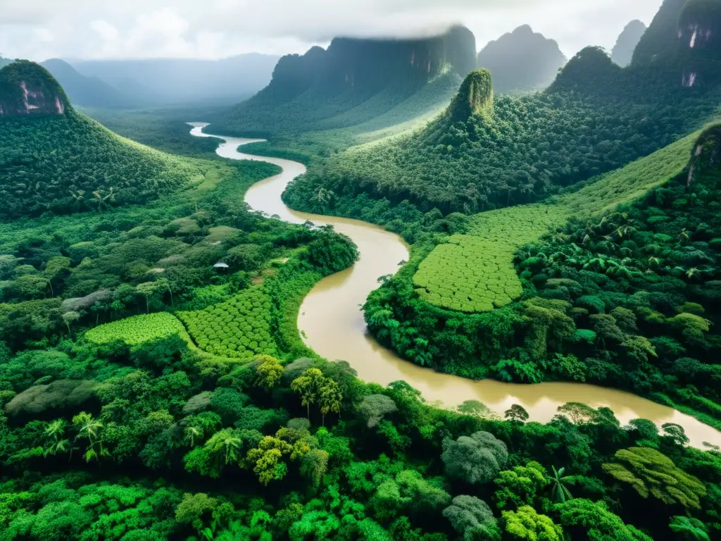 Imagen de un exuberante bosque tropical, río tranquilo y pueblos indígenas preservando ecosistemas en armonía con la naturaleza