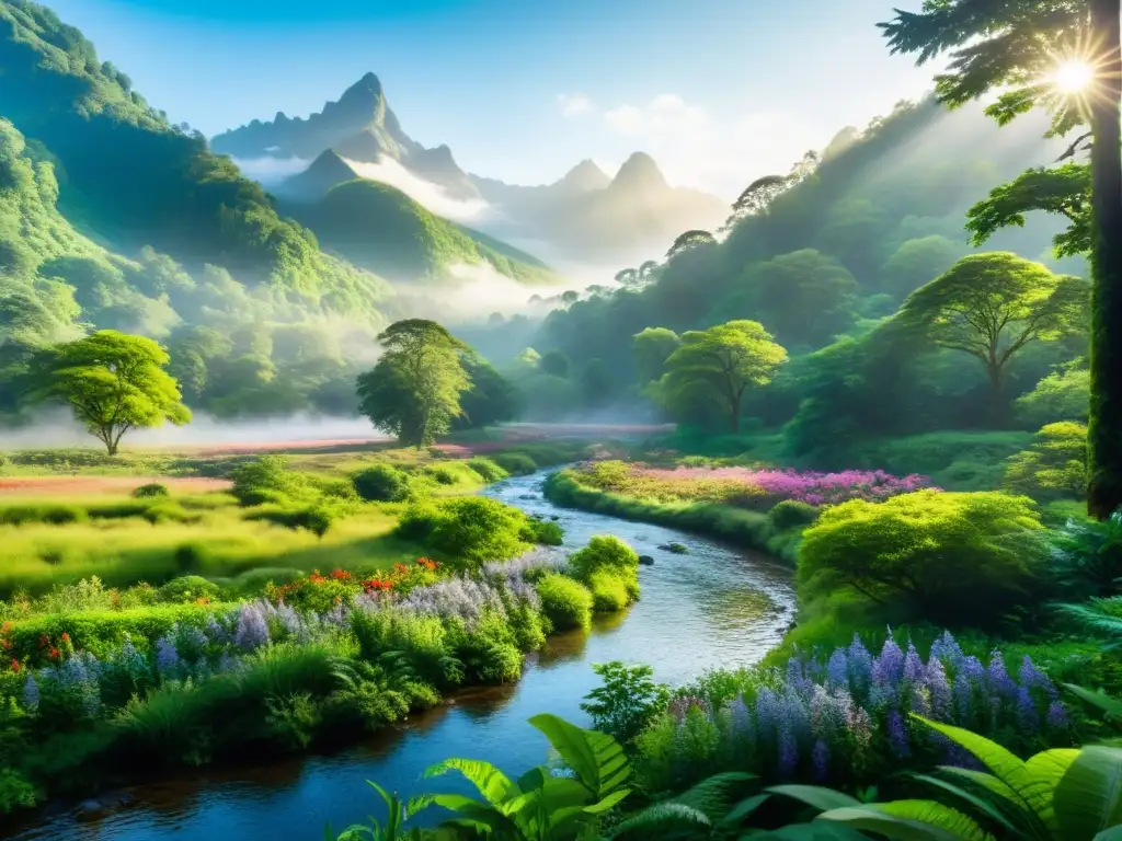 Imagen de un exuberante bosque verde con diversa flora y fauna, arroyo serpenteante y montañas brumosas