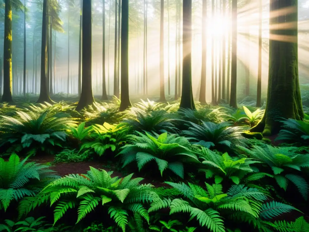 Imagen de un exuberante bosque verde al amanecer, con la luz solar filtrándose a través del dosel y creando largas sombras en el suelo del bosque