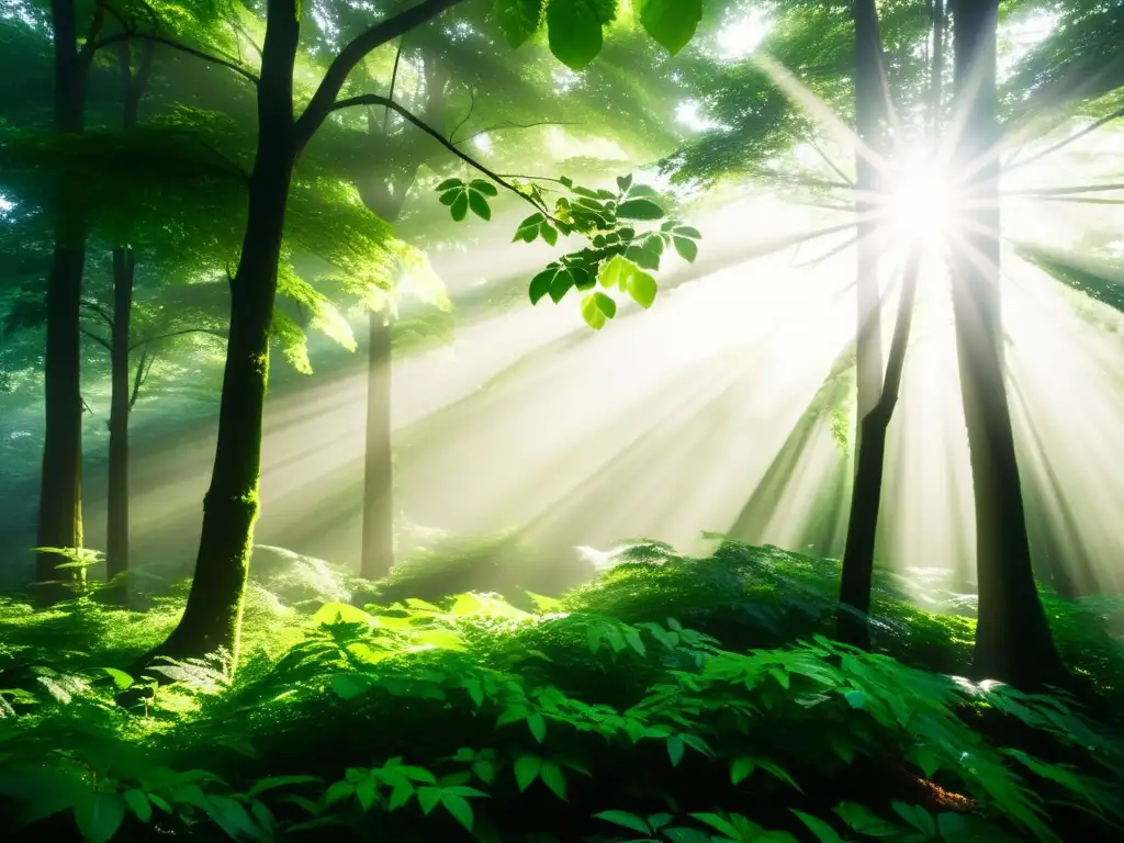 Imagen de un exuberante bosque verde con rayos de sol, resaltando la biodiversidad y la armonía natural