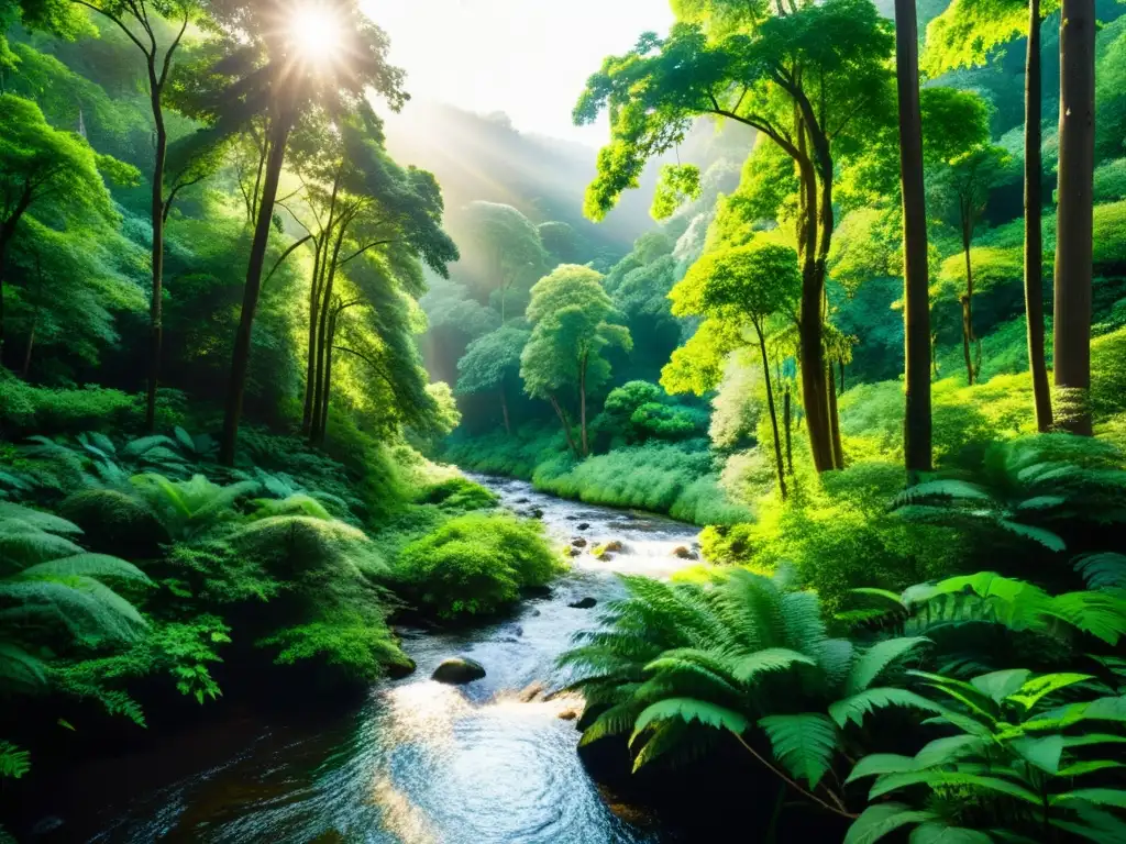 Imagen de un exuberante bosque verde con luz solar filtrándose a través del denso dosel, destacando una variedad de árboles y vegetación nativa