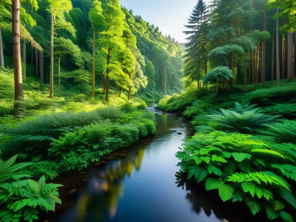 Imagen de un exuberante bosque vibrante con diversidad de árboles y plantas