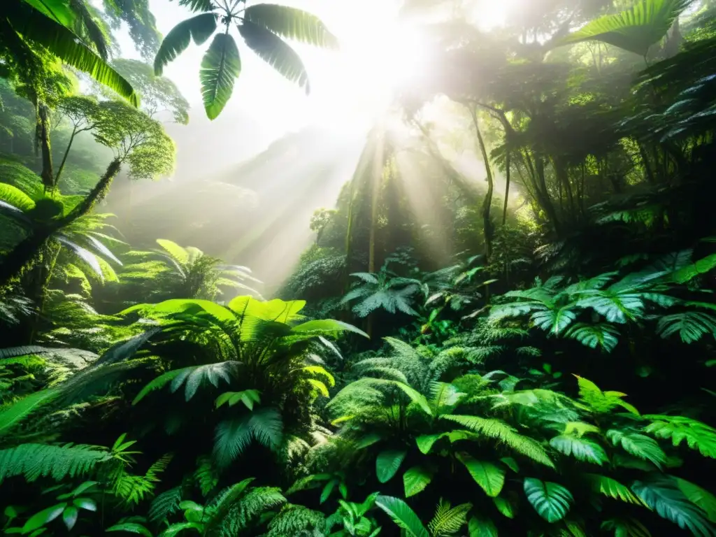 Imagen de un exuberante y diverso bosque lluvioso, con luz solar filtrándose a través del dosel, creando un efecto etéreo en el suelo del bosque