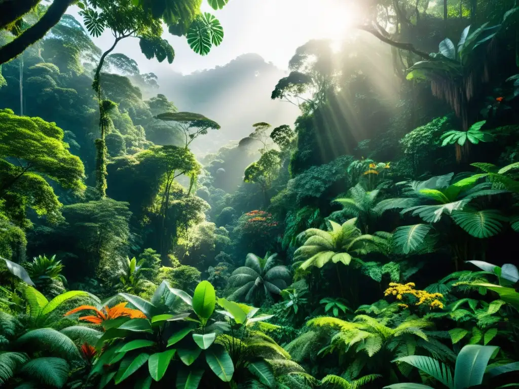 Imagen de un exuberante y diverso bosque tropical, con vida silvestre y una cúpula densa que filtra la luz del sol