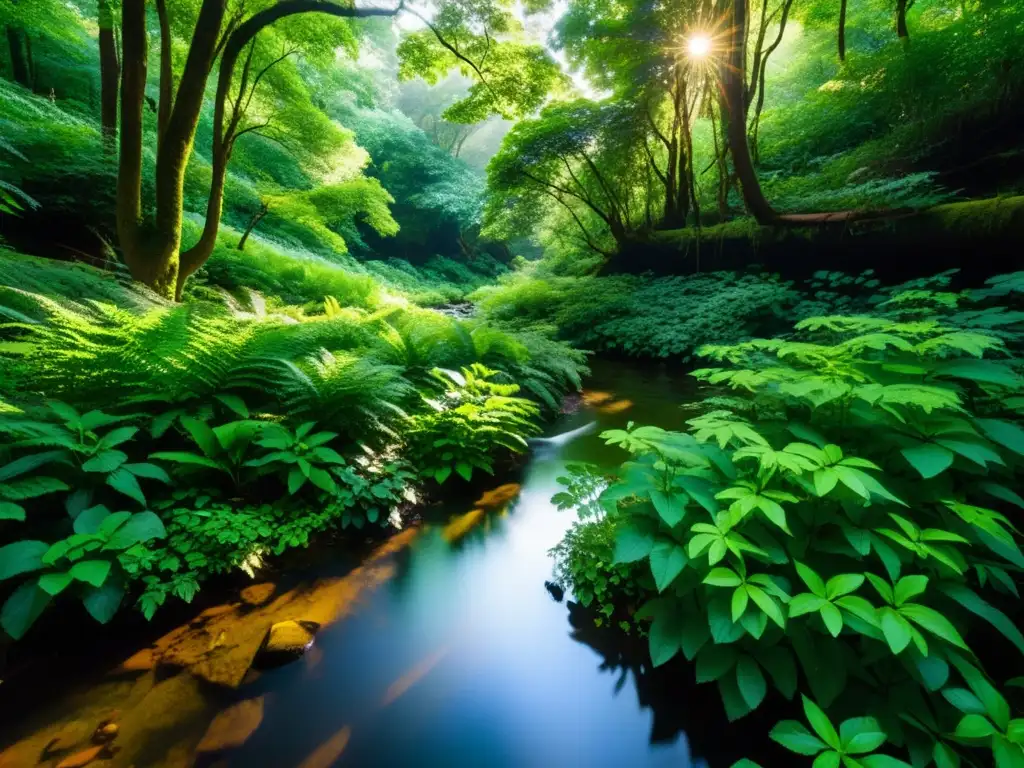 Imagen de un exuberante y diverso bosque, con luz solar filtrándose entre el dosel y creando sombras en el suelo